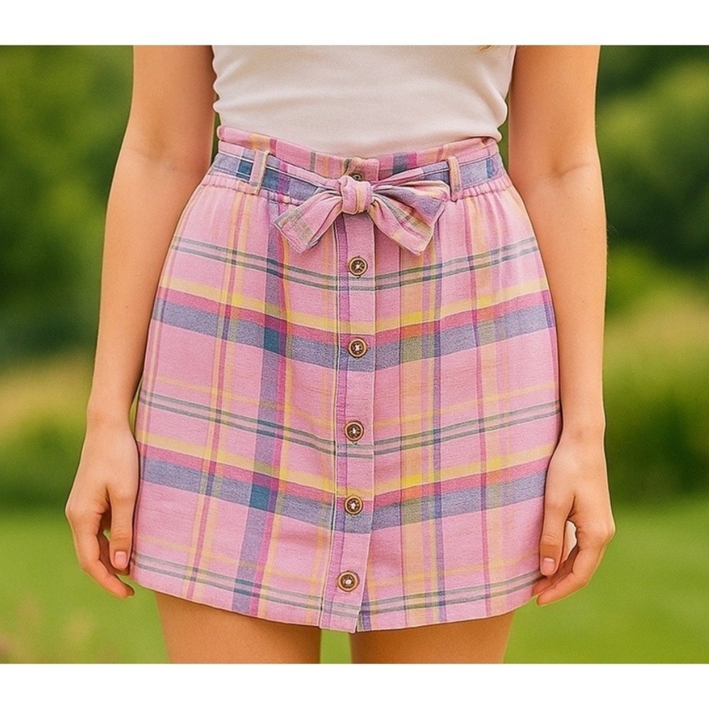 Dash Pink Plaid Linen Blend Button Front Mini Skort Tie Belt Women's Medium EUC
